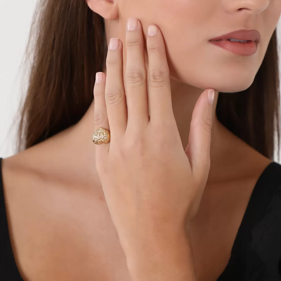 Anillo Elegante de Corazón Tallado en Baño de Oro - Diseño Vintage Folli Follie para Mujer