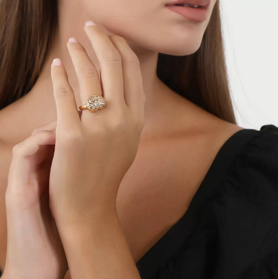 Anillo Elegante de Corazón Tallado en Baño de Oro - Diseño Vintage Folli Follie para Mujer