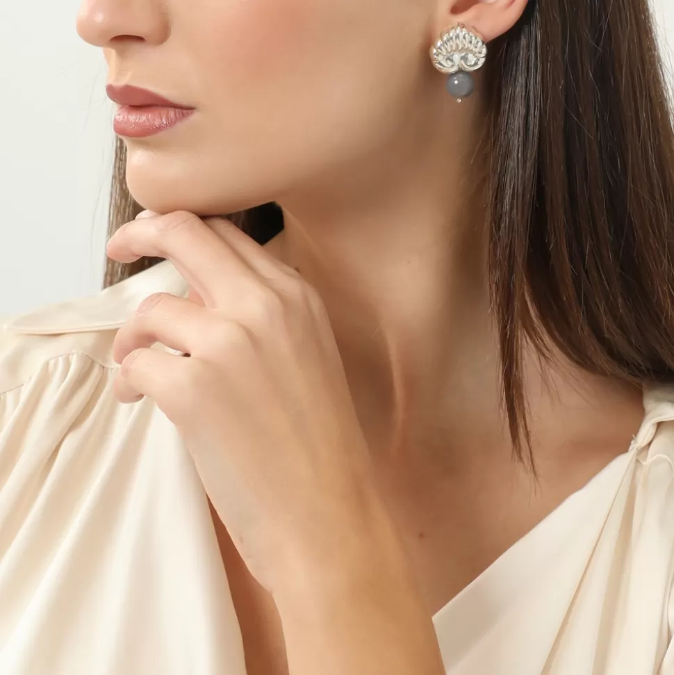 Aretes Folli Follie con Ágata - Plata Antigua con Motivo Anthemion para Mujer, Diseño Clásico y Elegante