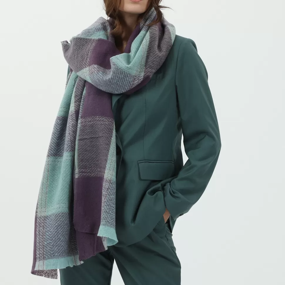 Elegante Bufanda de Cuadros Folli Follie en Viscosa - Combinación Verde Esmeralda y Morado Uva para Mujer