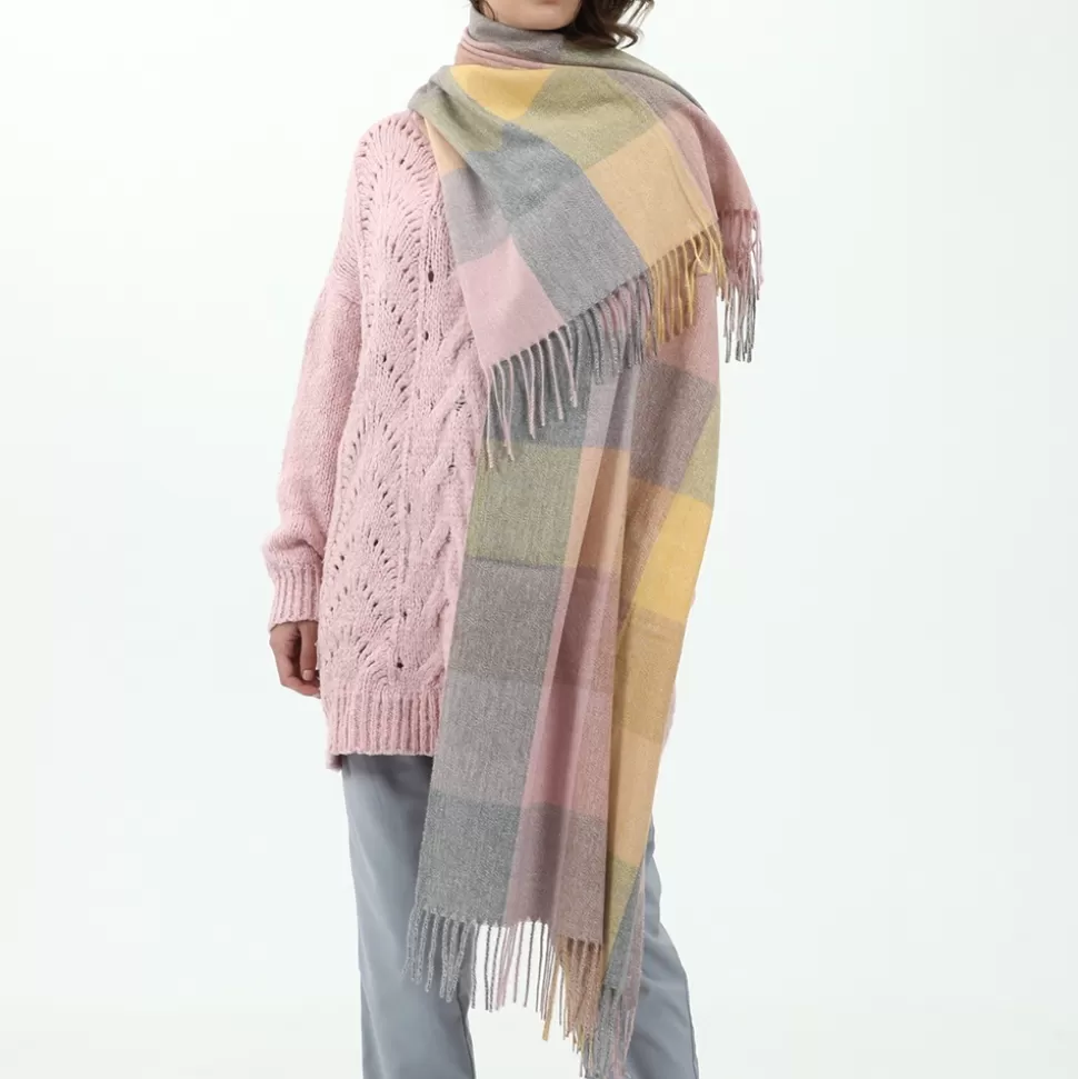 Bufanda Femenina Folli Follie - Diseño a Cuadros en Suave Lana, Combinación Gris, Rosa y Amarillo para Looks Invernales con Toque Elegante