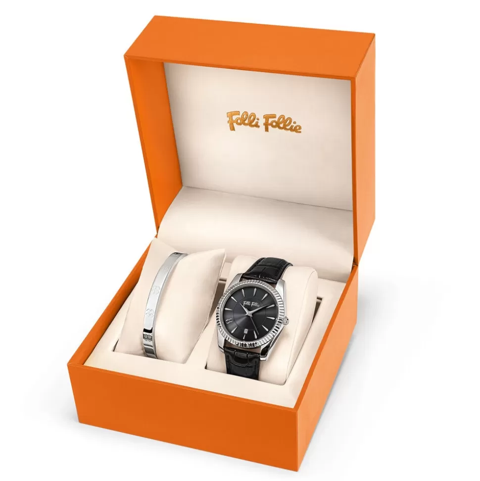 Reloj Folli Follie Chronos Tales para Mujer - Correa de Cuero Auténtico con Caja Grande y Estuche Negro | Set de Relojería Elegante