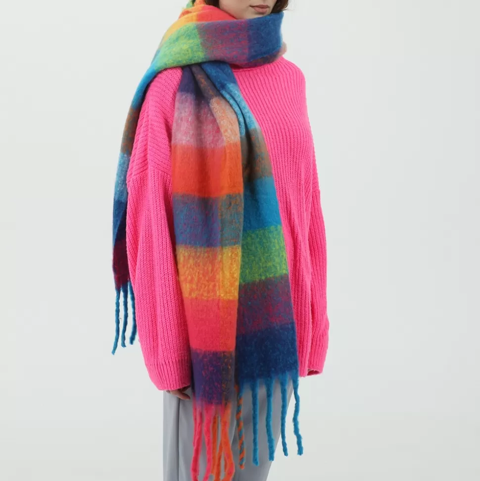 Bufanda con Flecos Voluminosos para Mujer - Chalina en Tonos Vibrantes de Fucsia, Naranja y Azul | Diseño Folli Follie