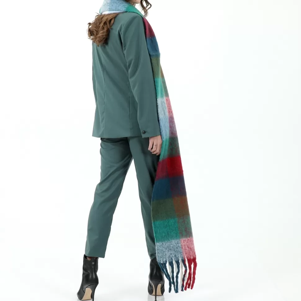 Bufanda Elegante Folli Follie Mujer - Flecos Voluminosos en Verde, Rojo y Azul para Estilo Invernal