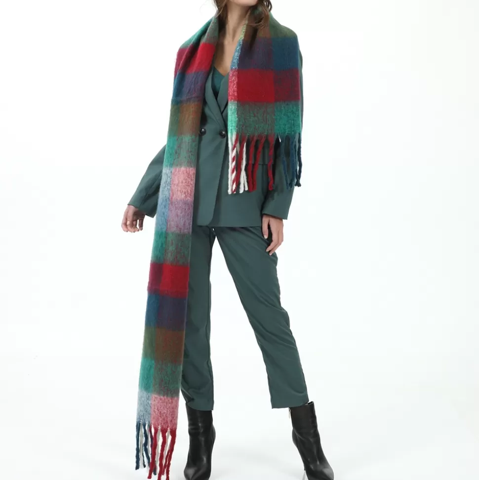 Bufanda Elegante Folli Follie Mujer - Flecos Voluminosos en Verde, Rojo y Azul para Estilo Invernal