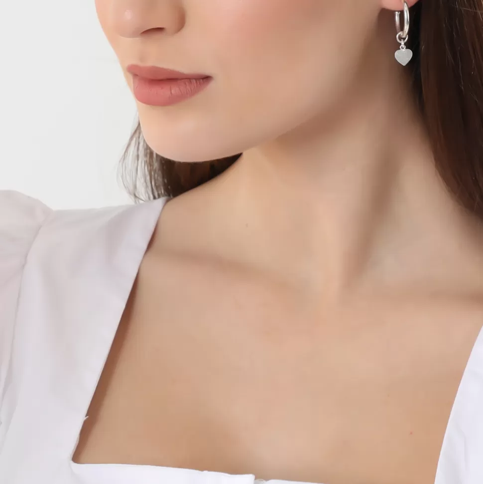 Aretes Folli Follie Mujer - Argollas Plateadas Mini con Detalle Corazón y Brillante Acabado