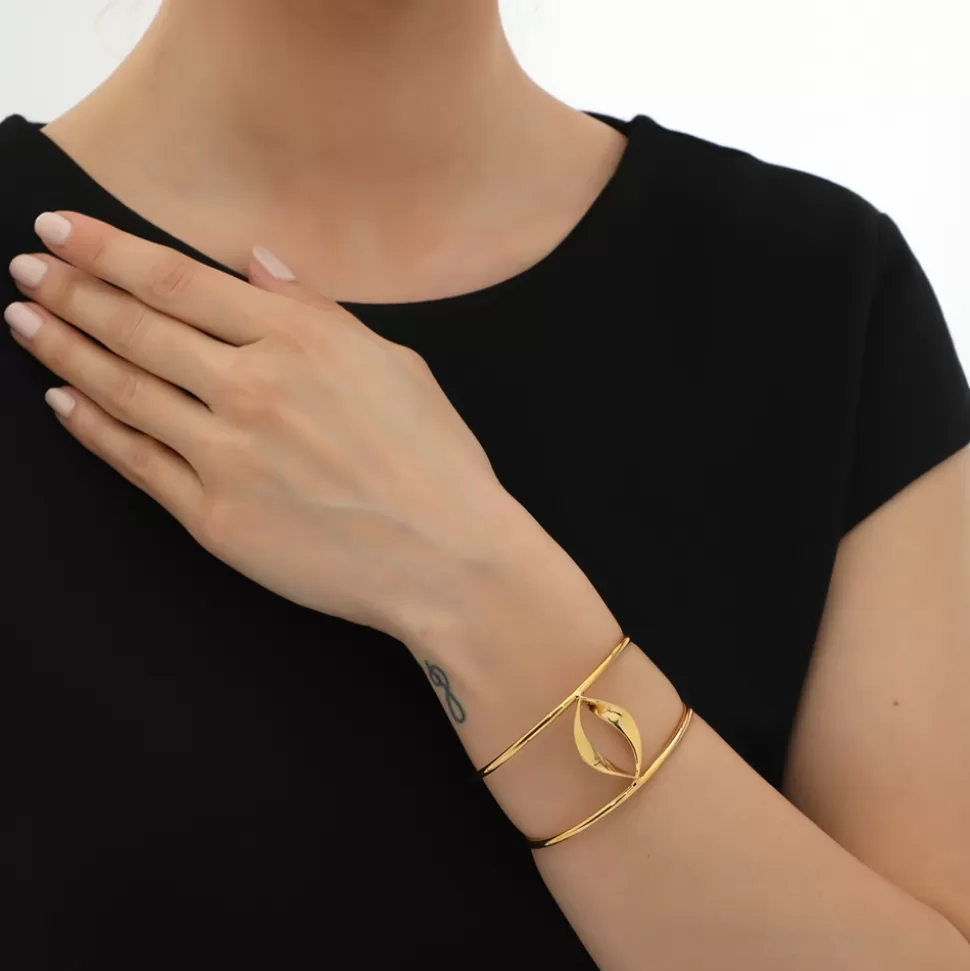 Pulsera Femenina Folli Follie Alma Ígnea - Brazalete Rigidez Dorado en Baño de Oro