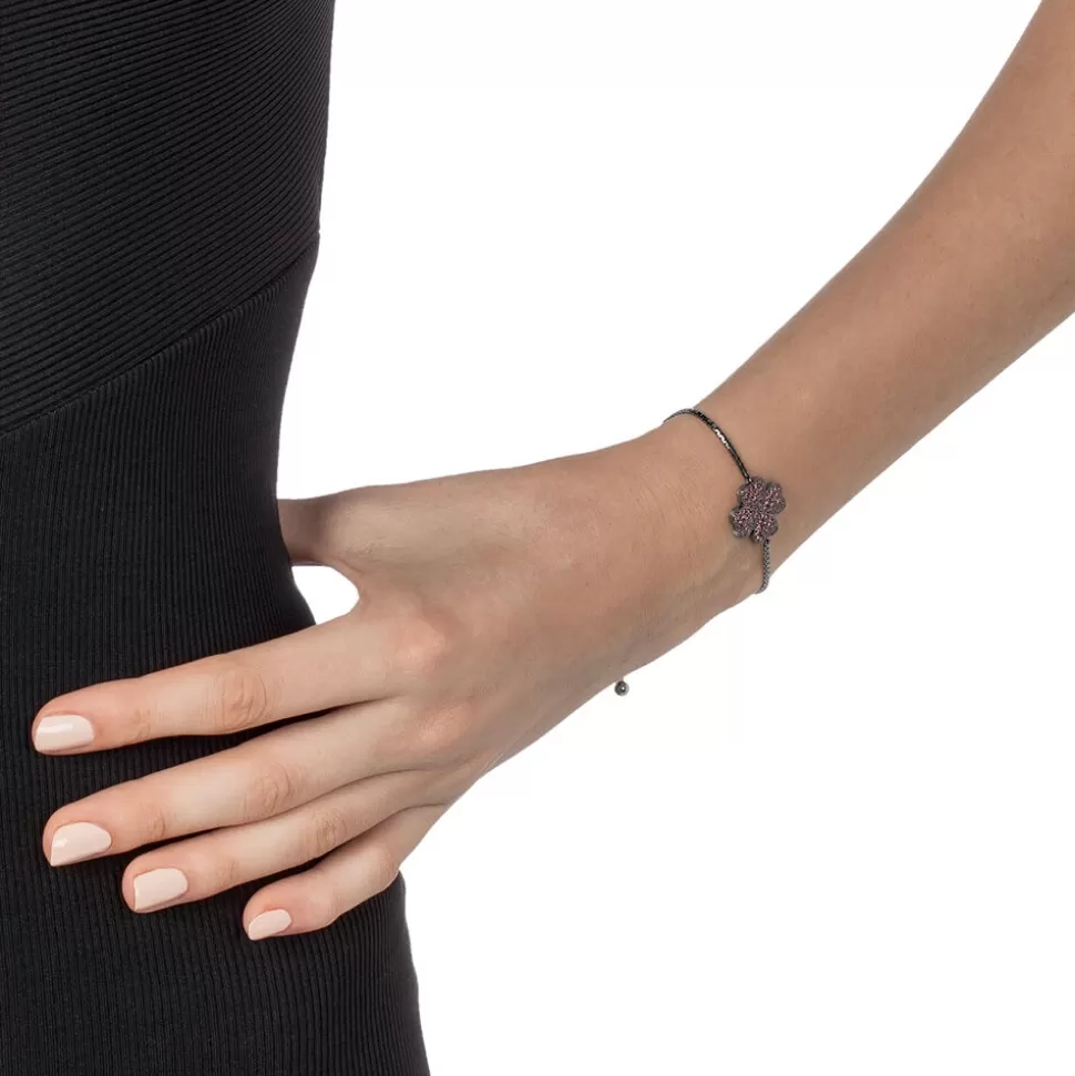 Pulsera Ajustable Folli Follie para Mujer - Corazón por Corazón en Baño Negro Brillante con Cierre Personalizable