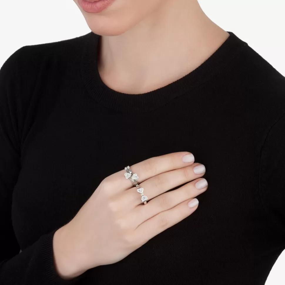 Anillo Folli Follie para Mujer - Doble Corazón con Cristales Transparentes y Bañado en Plata
