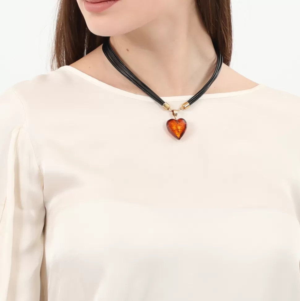 Collar de Cuero con Detalle Corazón en Vidrio Murrino - Diseño Dulce y Femenino de Folli Follie 

（：Collar ajustable Folli Follie para mujer - Corazón artesanal en vidrio veneciano con cadena corta de cuero premium）