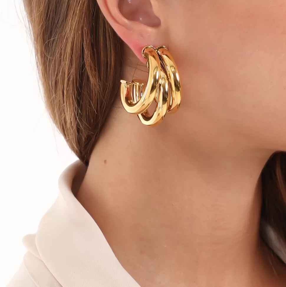 Aros Dorados Triples Folli Follie - Diseño Oversized con Toque Brillante para Mujer