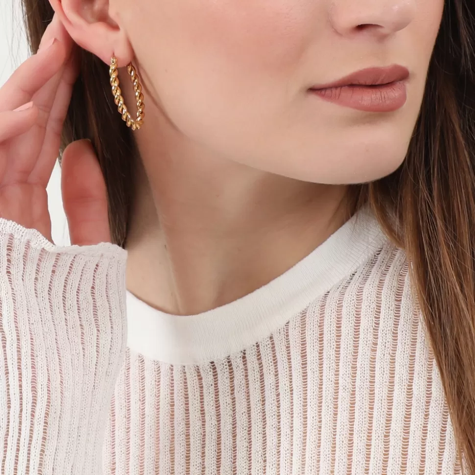 Aretes Folli Follie para Mujer: Argollas Ovaladas Retorcidas con Baño de Oro - Diseño Clásico y Versátil