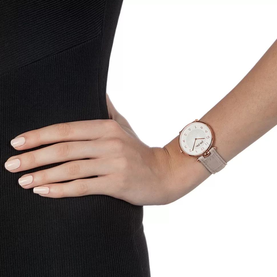 Reloj Folli Follie para mujer - Colección Lady Club con esfera grande, correa de cuero gris perla y acabado sofisticado. Diseño elegante con puño de piel genuina.