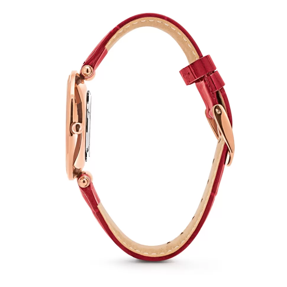 Reloj Folli Follie para Mujer - Caja grande estilo Lady Club con correa de cuero genuino en tono rojo pasión