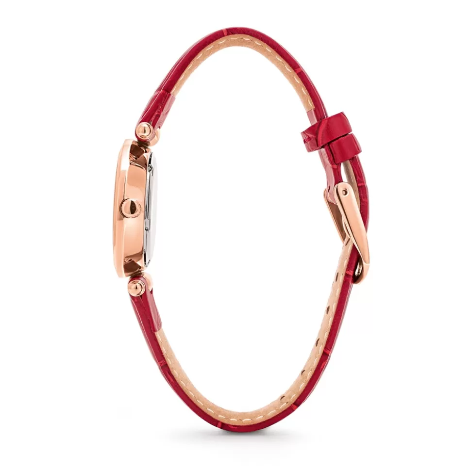 Reloj Folli Follie para Dama - Club Lady con correa roja de cuero genuino y caja compacta, diseño elegante para ocasiones especiales.
