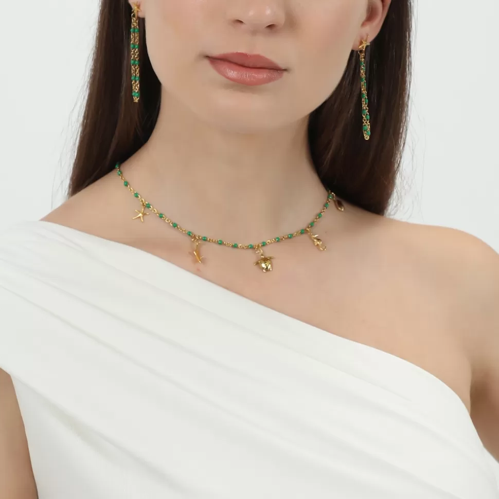 Aretes Elegantes Folli Follie para Mujer - Cadena Mare Bello en Oro Bañado con Detalles de Esmalte Brillante