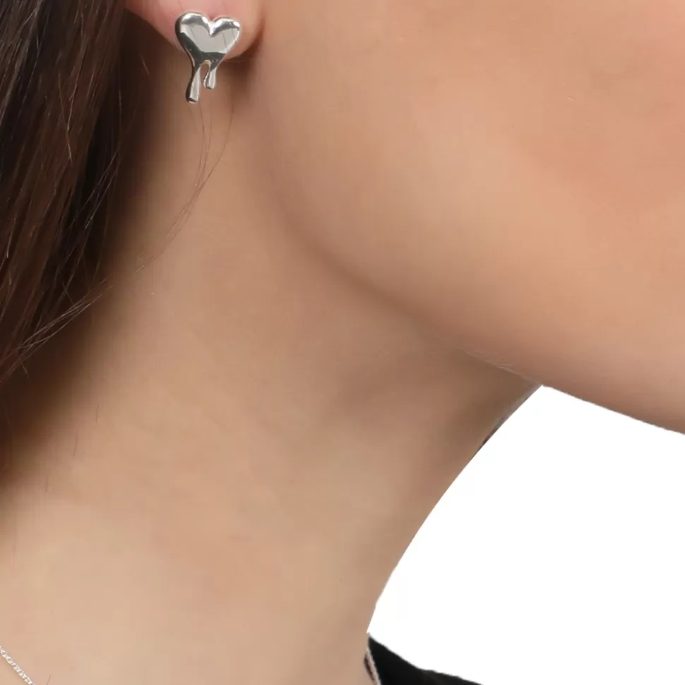 Aretes Folli Follie Mujer - Puntas de Plata con Corazón Líquido, Diseño Romántico