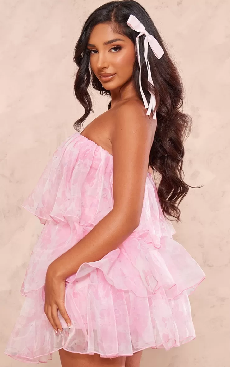 PrettyLittleThing Petite  Bandeau Mesh Printed Ruffle Mini Dress< Petite Wedding Guest Dresses