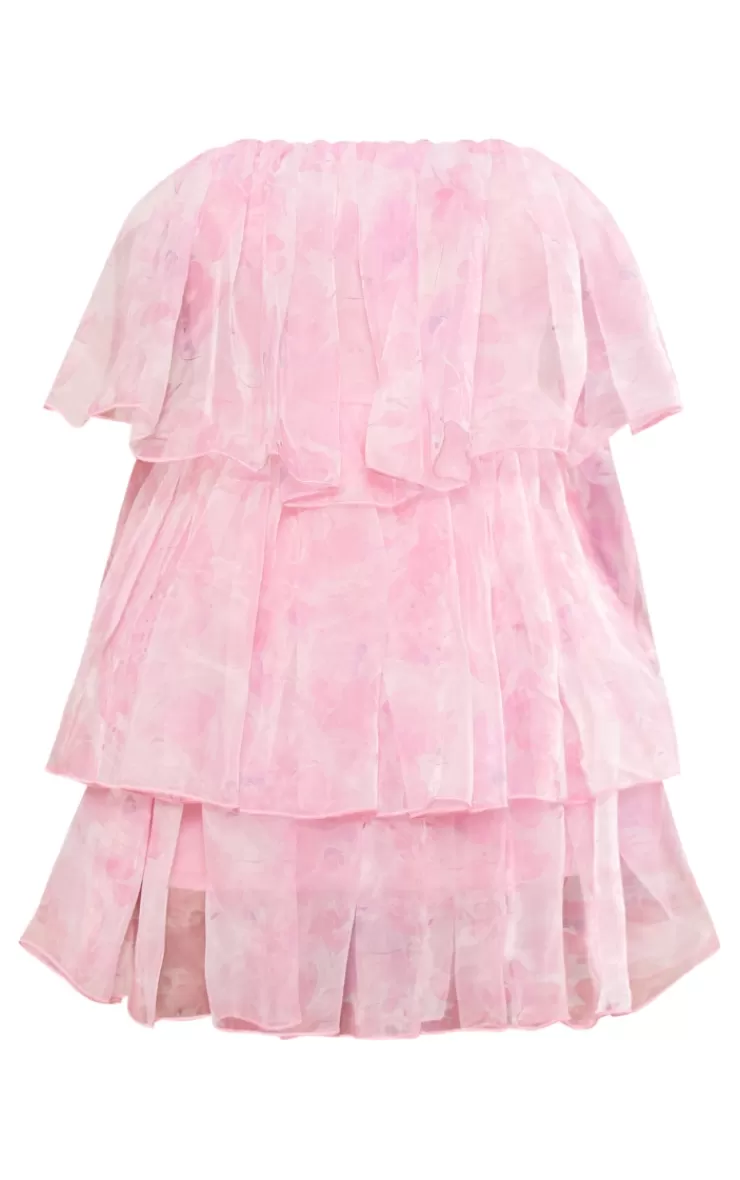 PrettyLittleThing Petite  Bandeau Mesh Printed Ruffle Mini Dress< Petite Wedding Guest Dresses