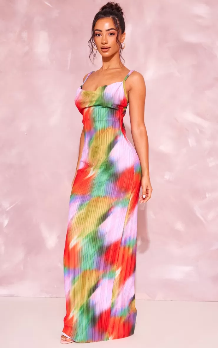 PrettyLittleThing Petite  Printed Plisse Cowl Neck Maxi Dress< Petite Wedding Guest Dresses