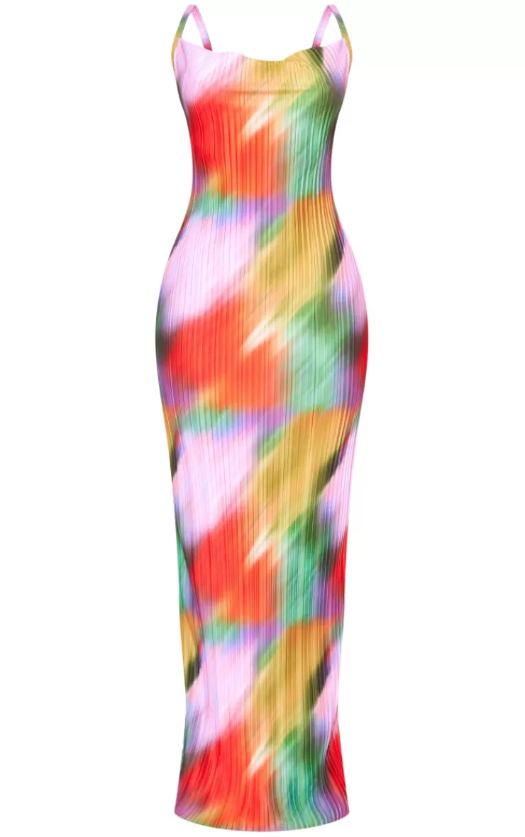 PrettyLittleThing Petite  Printed Plisse Cowl Neck Maxi Dress< Petite Wedding Guest Dresses