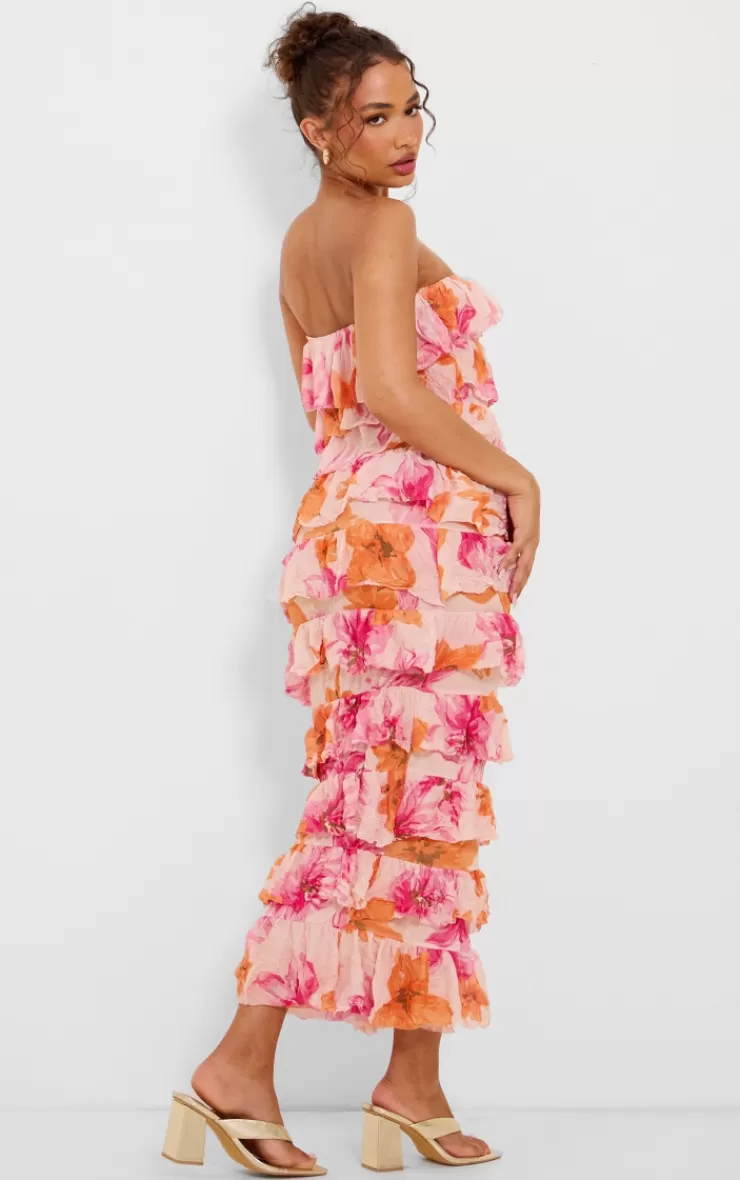 PrettyLittleThing Petite  Crushed Mesh Bandeau Ruffle Maxi Dress< Petite Wedding Guest Dresses