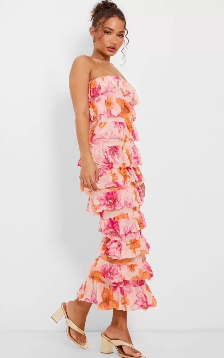 PrettyLittleThing Petite  Crushed Mesh Bandeau Ruffle Maxi Dress< Petite Wedding Guest Dresses