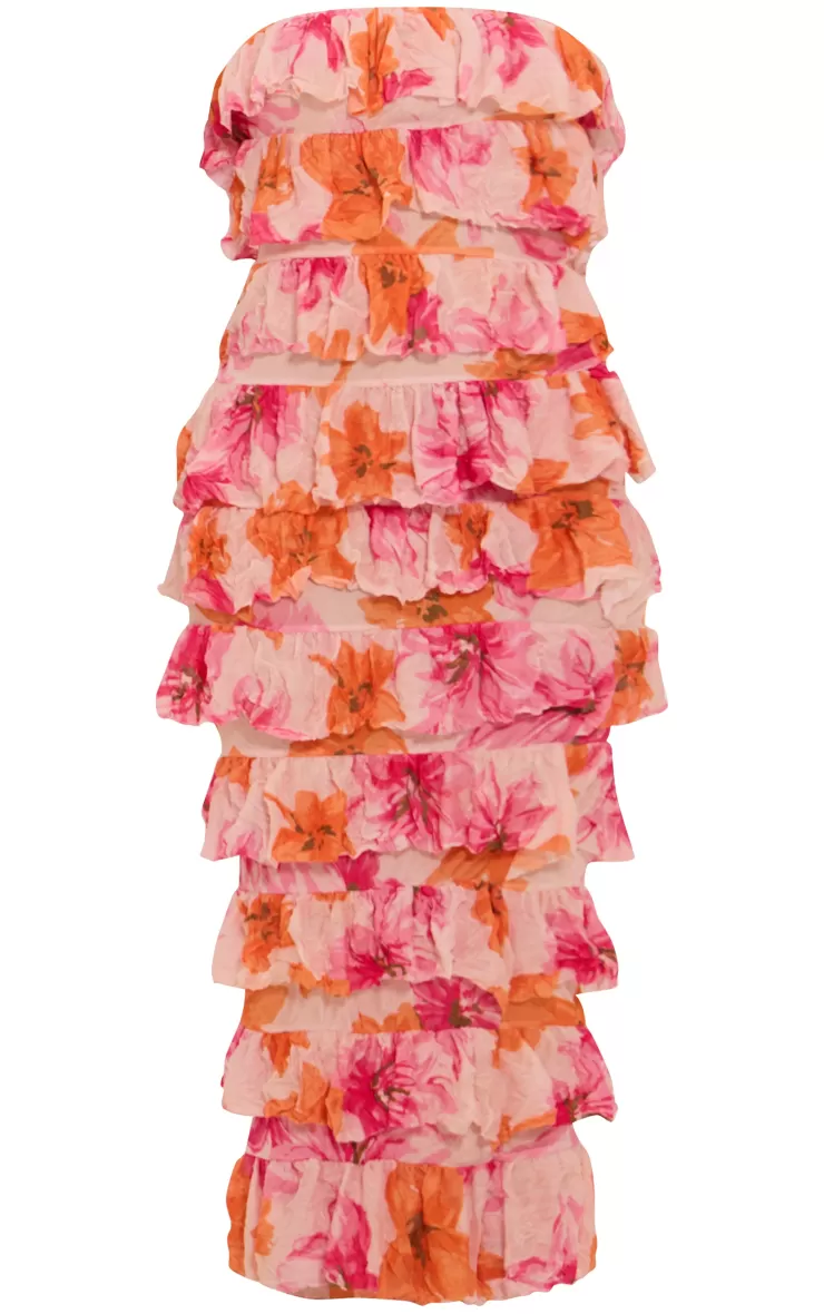 PrettyLittleThing Petite  Crushed Mesh Bandeau Ruffle Maxi Dress< Petite Wedding Guest Dresses