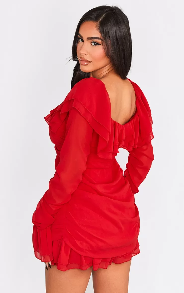 PrettyLittleThing Petite  Bardot Ruffle Detail Shift Dress< Petite Wedding Guest Dresses