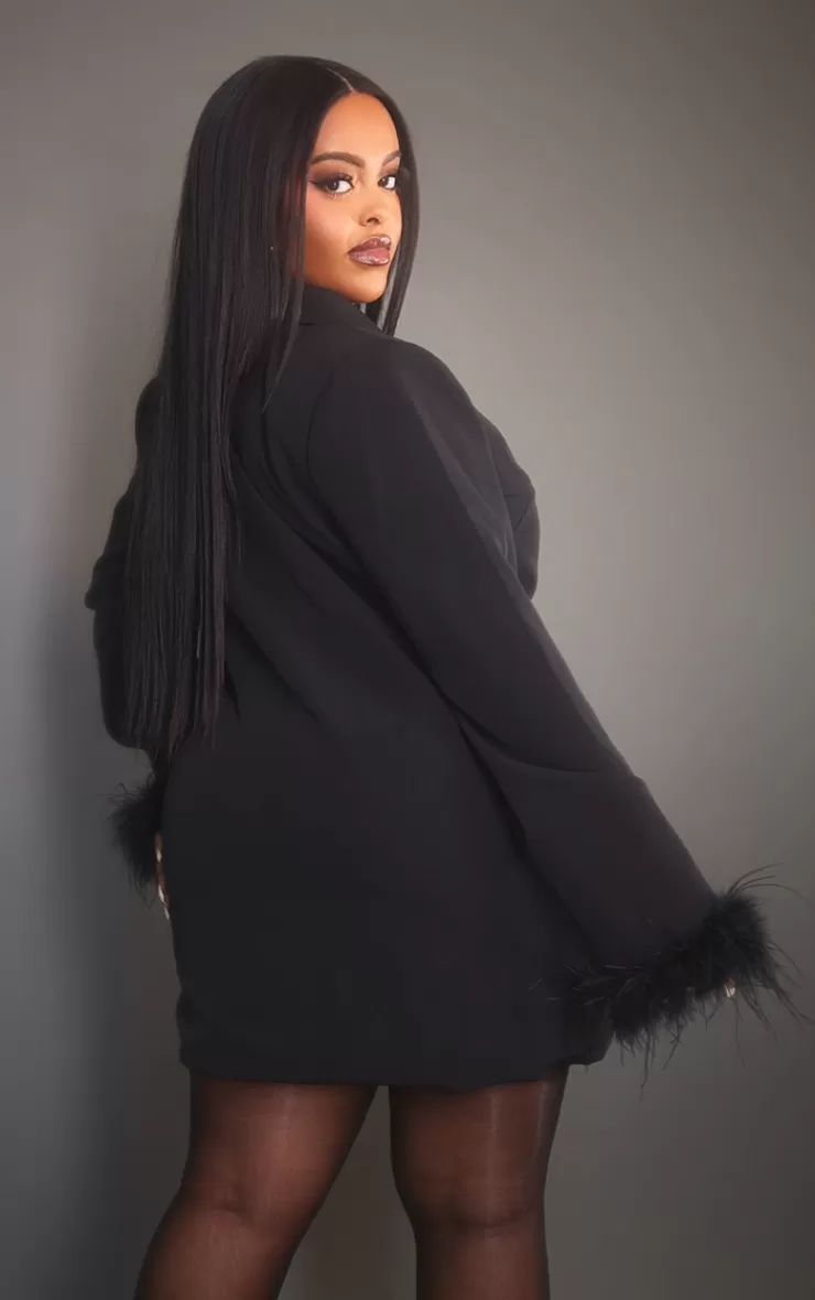 PrettyLittleThing Plus  Faux Feather Sleeve Trim Blazer Dress< Plus Size Wedding Guest Dresses