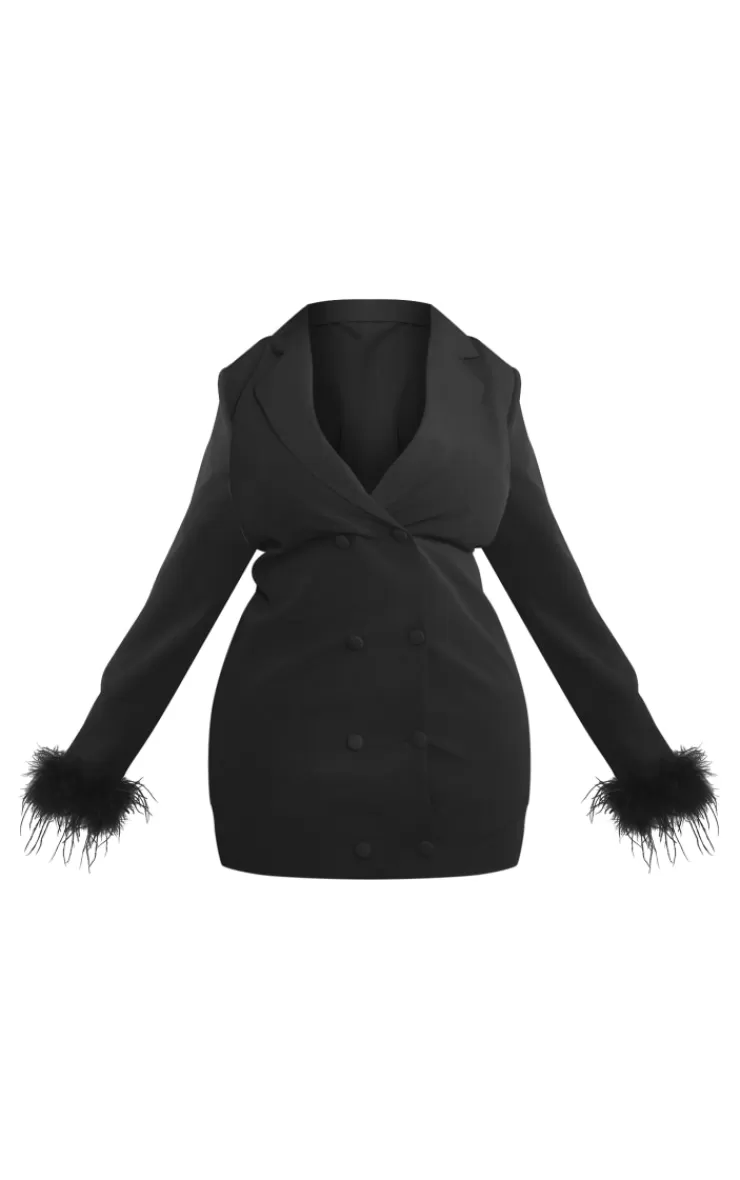 PrettyLittleThing Plus  Faux Feather Sleeve Trim Blazer Dress< Plus Size Wedding Guest Dresses