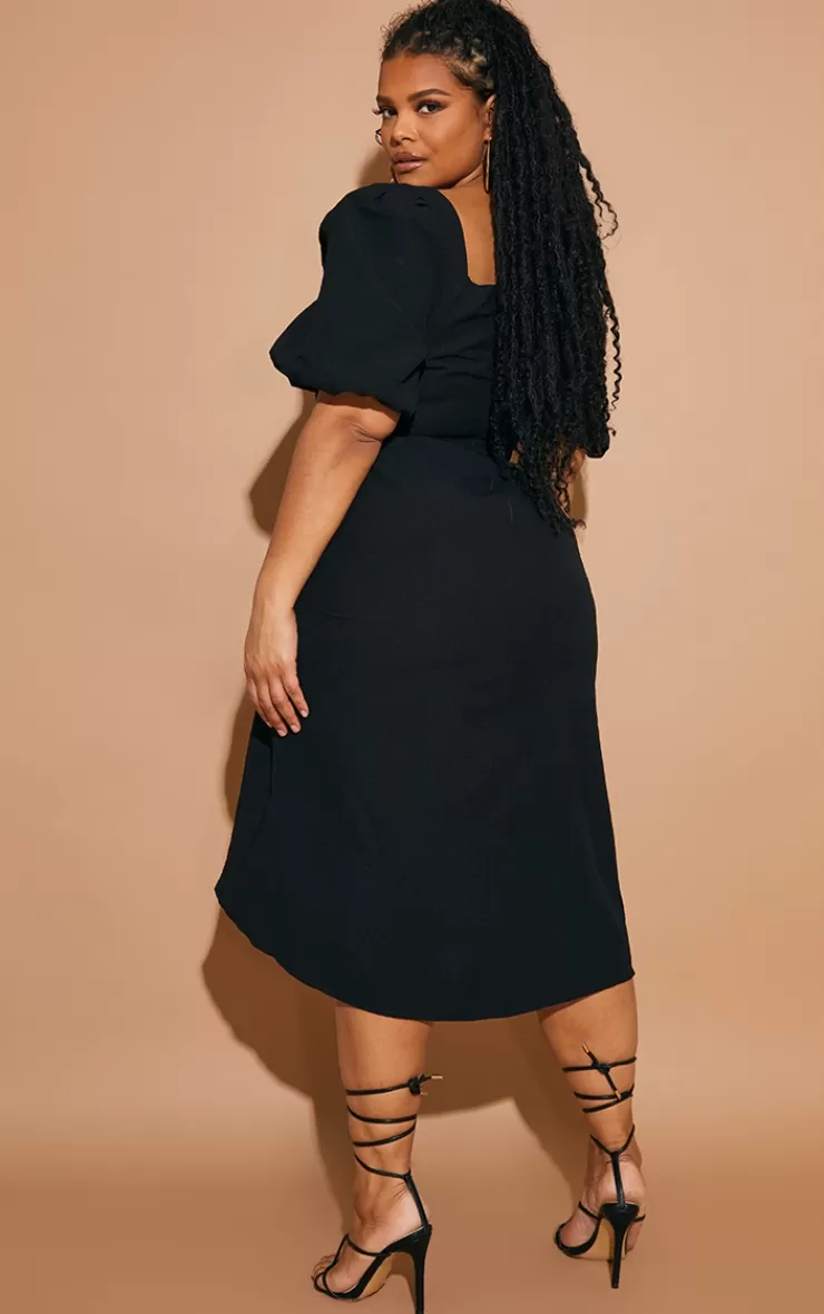 PrettyLittleThing Plus  Puff Sleeve Ruched Split Side Midi Dress< Plus Size Wedding Guest Dresses
