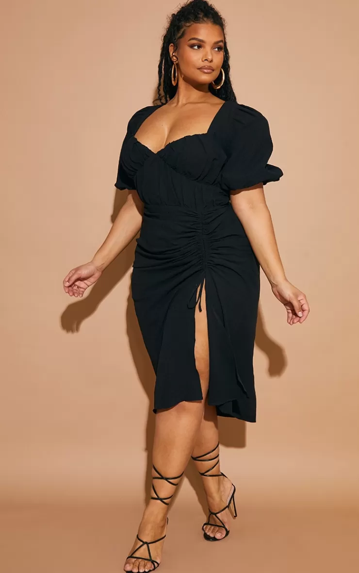 PrettyLittleThing Plus  Puff Sleeve Ruched Split Side Midi Dress< Plus Size Wedding Guest Dresses