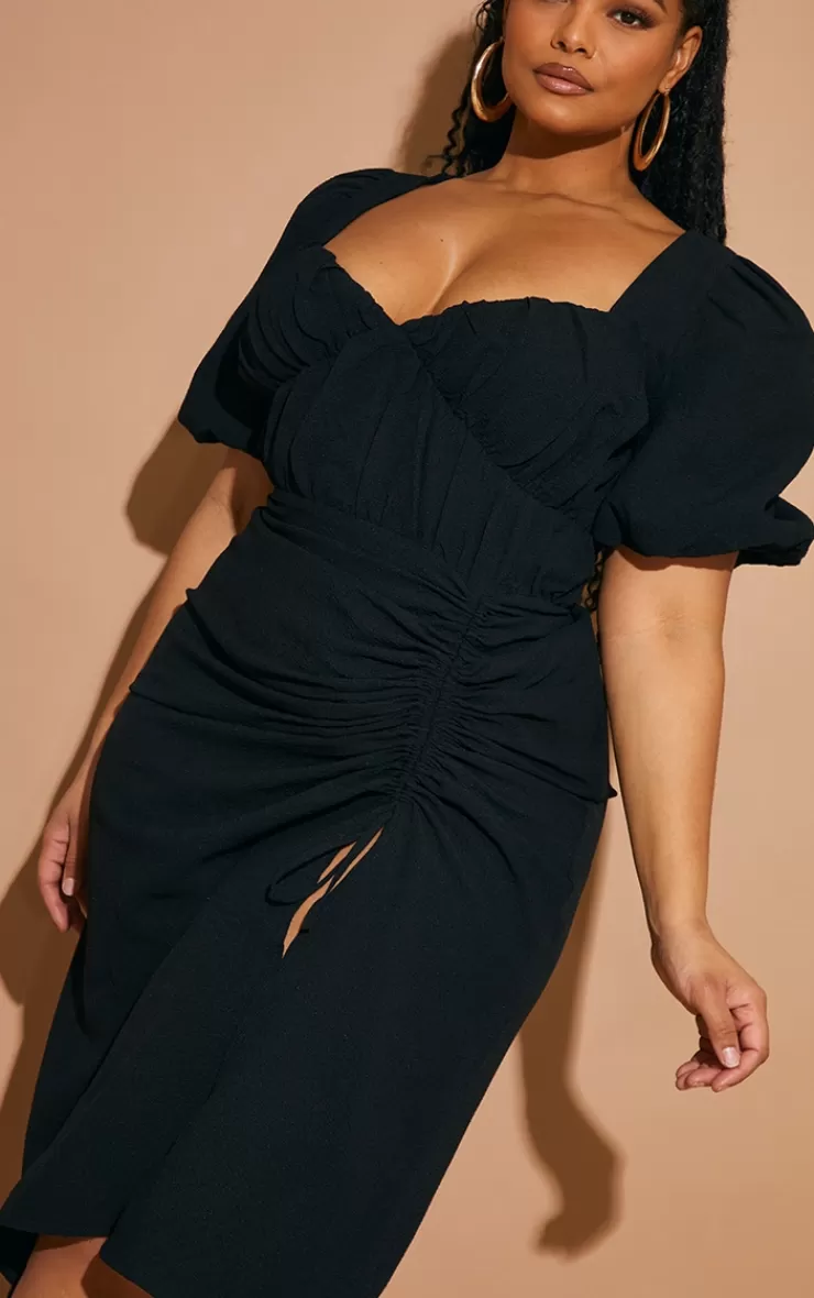 PrettyLittleThing Plus  Puff Sleeve Ruched Split Side Midi Dress< Plus Size Wedding Guest Dresses