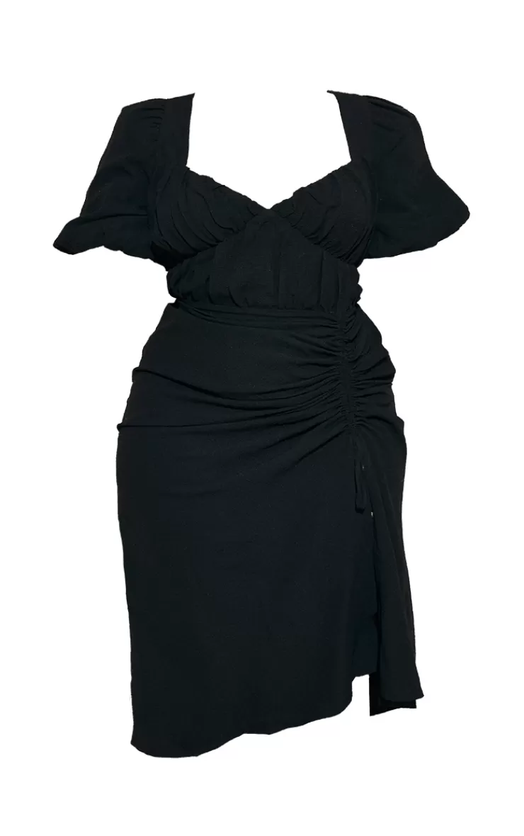 PrettyLittleThing Plus  Puff Sleeve Ruched Split Side Midi Dress< Plus Size Wedding Guest Dresses