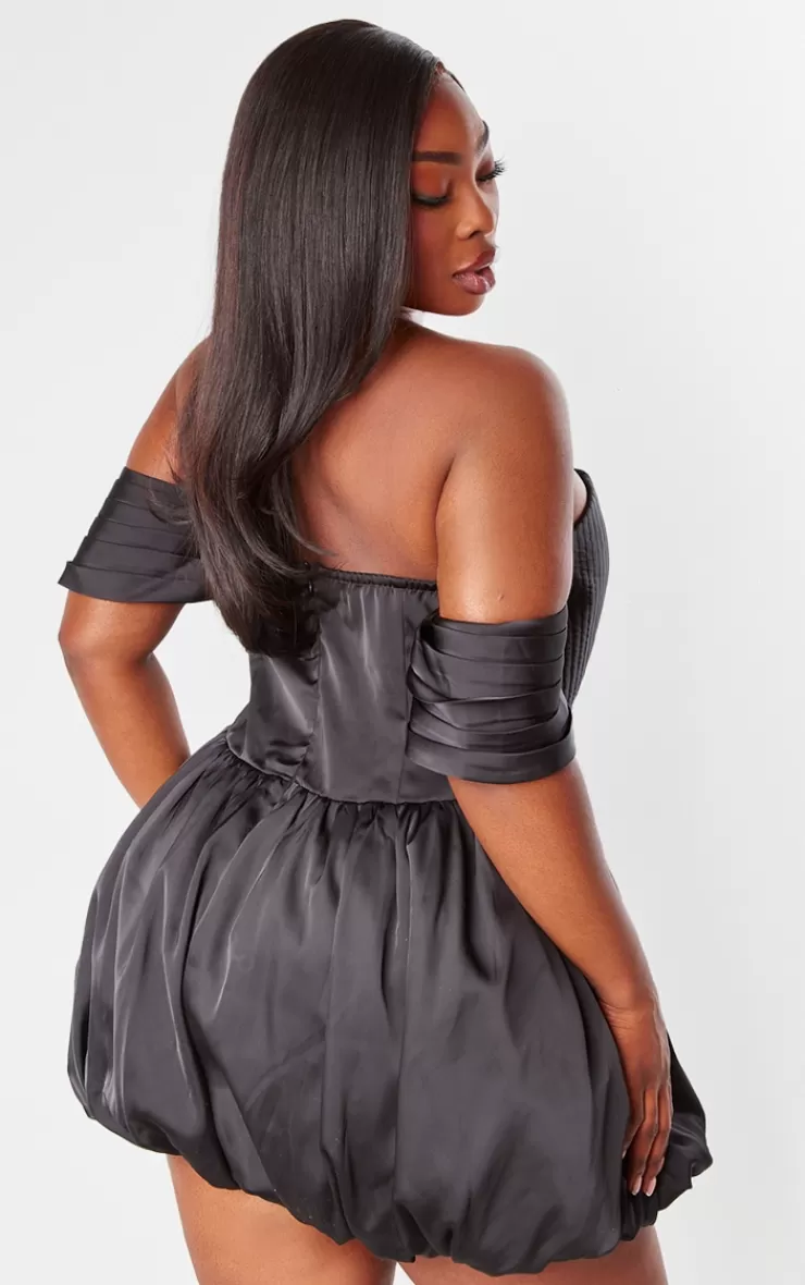 PrettyLittleThing Plus  Satin Puffball Bardot Shift Dress< Plus Size Wedding Guest Dresses