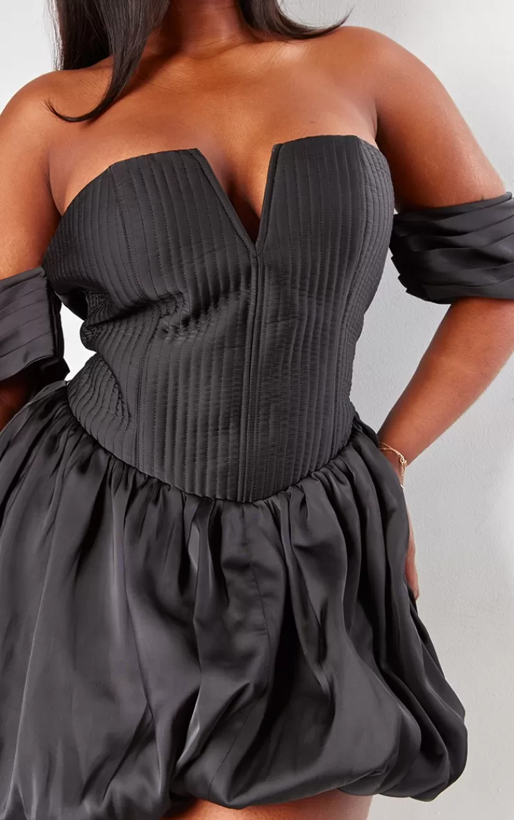 PrettyLittleThing Plus  Satin Puffball Bardot Shift Dress< Plus Size Wedding Guest Dresses