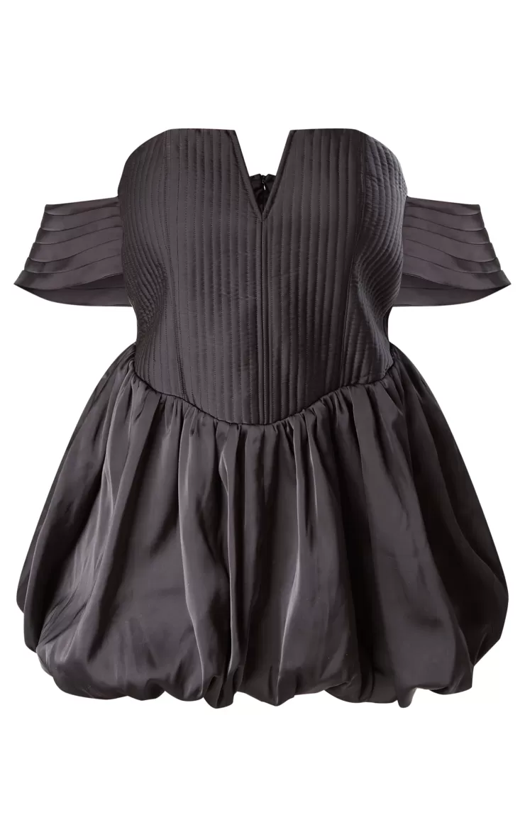 PrettyLittleThing Plus  Satin Puffball Bardot Shift Dress< Plus Size Wedding Guest Dresses