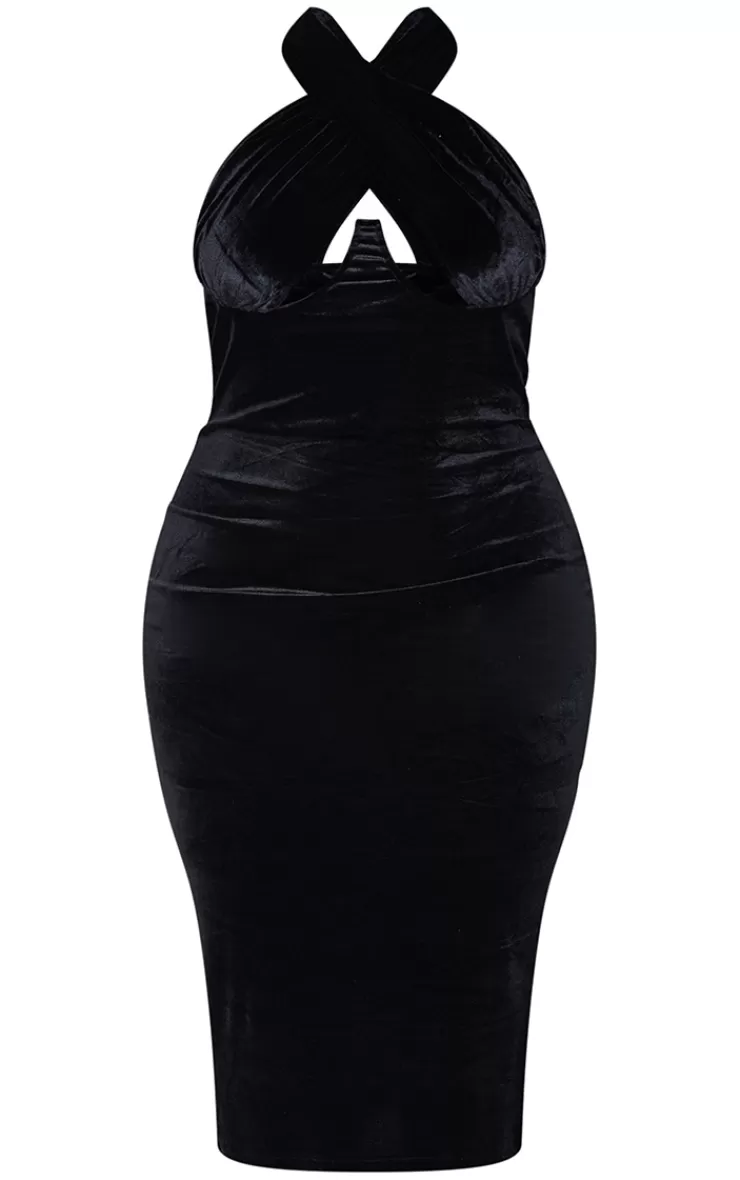 PrettyLittleThing Plus  Velvet Underwired Cross Front Midi Dress< Plus Size Wedding Guest Dresses