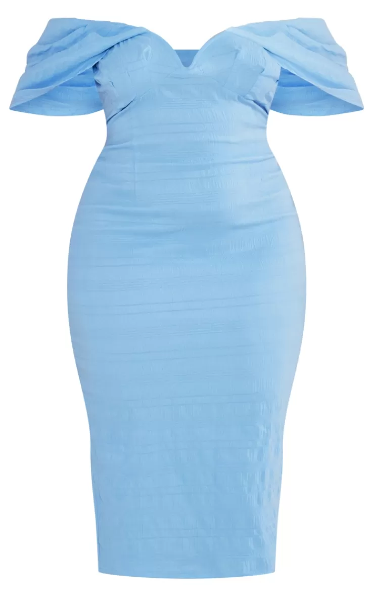 PrettyLittleThing Plus  Textured Bardot Midi Dress< Plus Size Wedding Guest Dresses