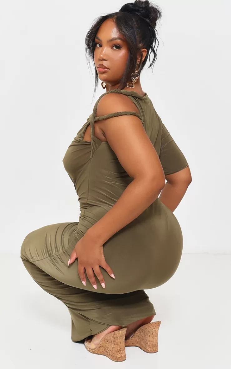 PrettyLittleThing Plus  Slinky Twist Shoulder Midaxi Dress< Plus Size Wedding Guest Dresses