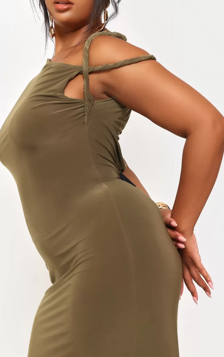 PrettyLittleThing Plus  Slinky Twist Shoulder Midaxi Dress< Plus Size Wedding Guest Dresses