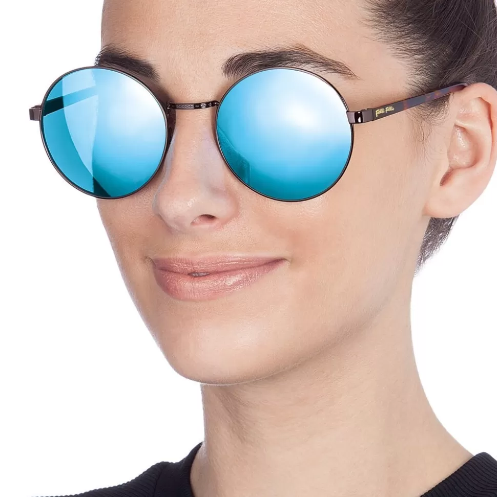 Gafas de Sol Folli Follie para Mujer: Estilo Redondo con Marco Metálico y Cristales Azul Cielo - Elegancia y Protección UV en Cada Detalle