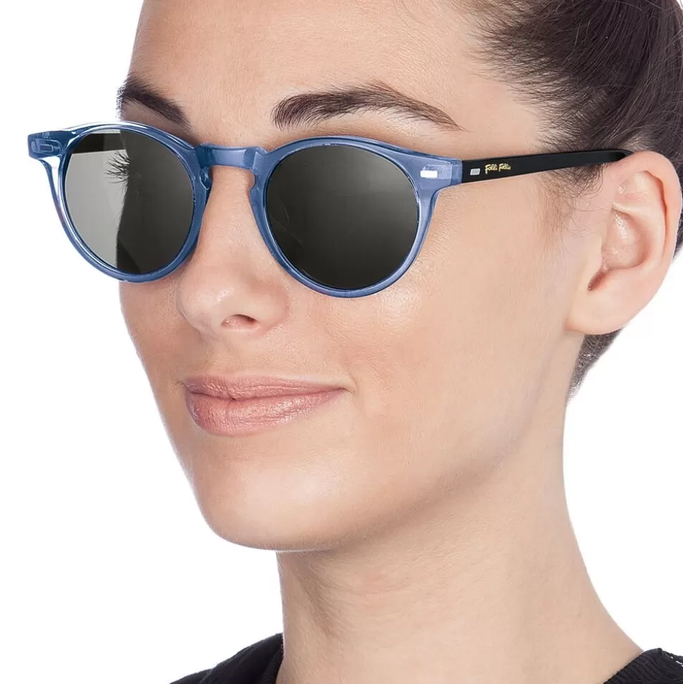 Gafas de Sol Folli Follie Mujer - Montura Redonda en Cristal Azul Claro, Estilo Clásico para Días Soleados