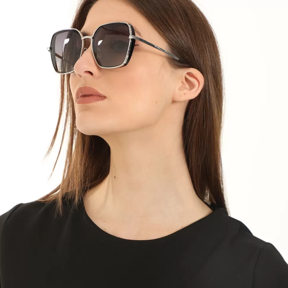 Folli Follie - Gafas de sol para mujer con marco cuadrado en metal plateado, diseño moderno y estilo urbano