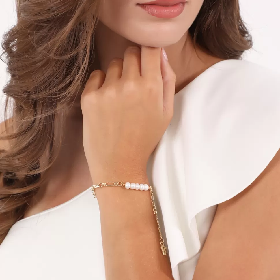 Brazalete Folli Follie Oro Laminado | Cadena Adictiva con Perlas Naturales - Diseño Elegante para Mujer | Detalles Brillantes y Ajuste Personalizable