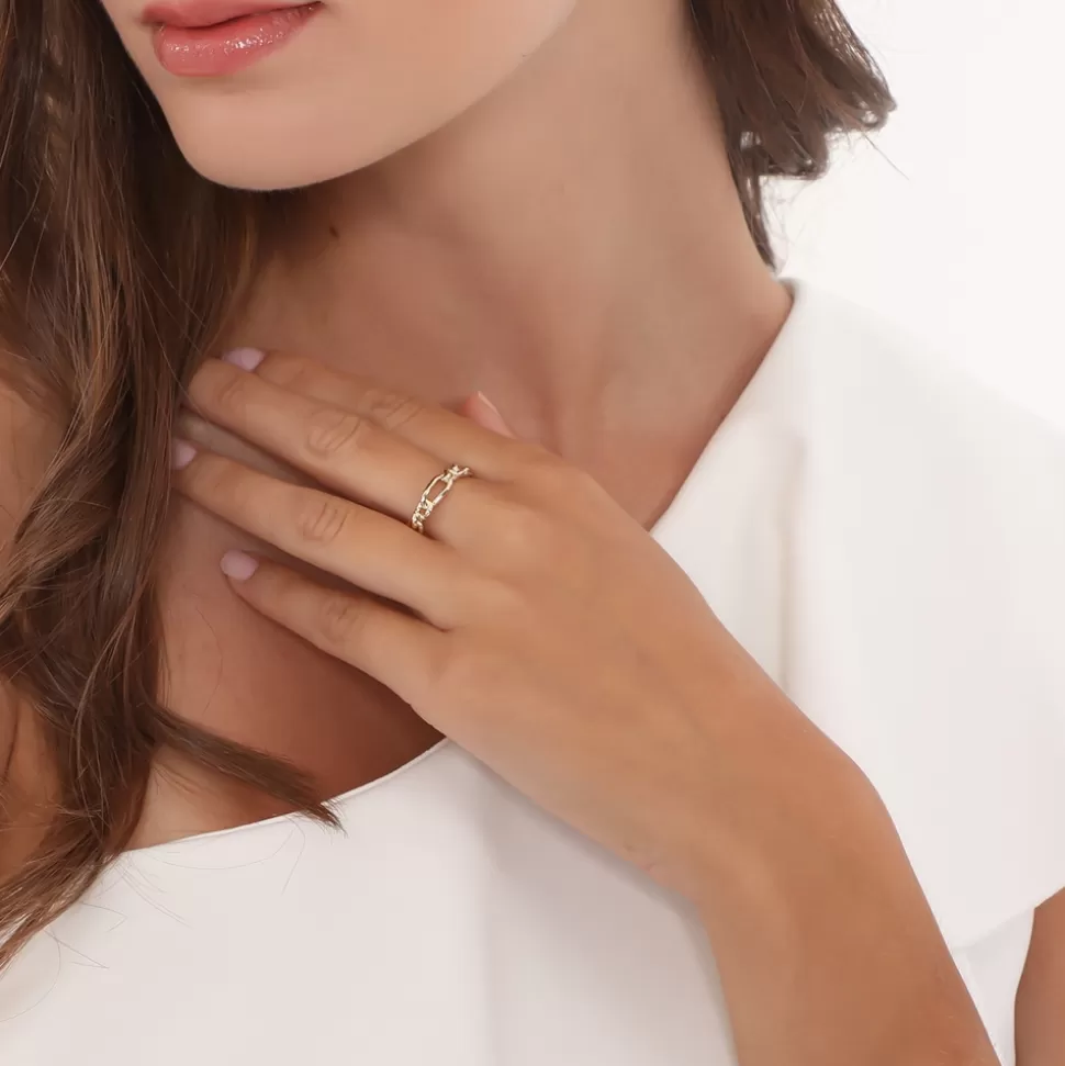 Anillo Folli Follie Mujer - Diseño Cadena Dorada con Baño de Oro, Estilo Único para Looks Elegantes