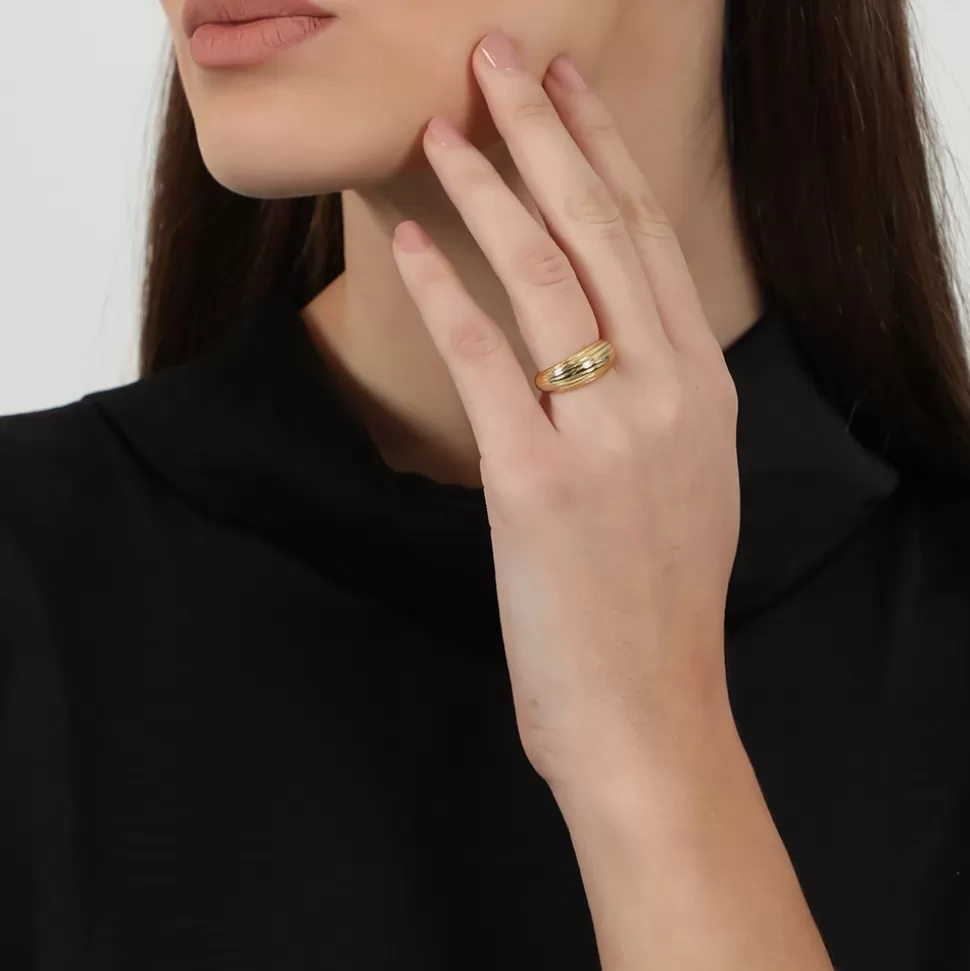 Anillo Mujer Folli Follie - Diseño Rayado Bañado en Oro con Detalle Cadena Adictiva