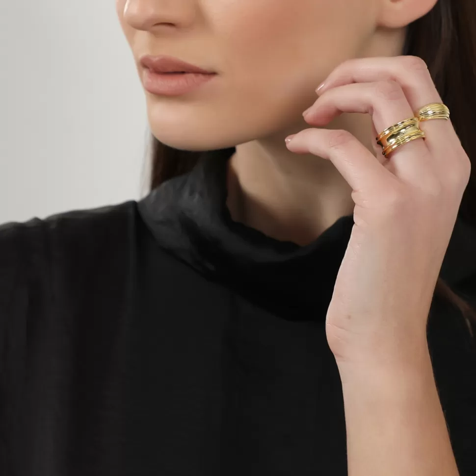 Anillo Folli Follie Adictivo en Oro Laminado - Sortija Ancha con Detalle de Cadena para Mujer