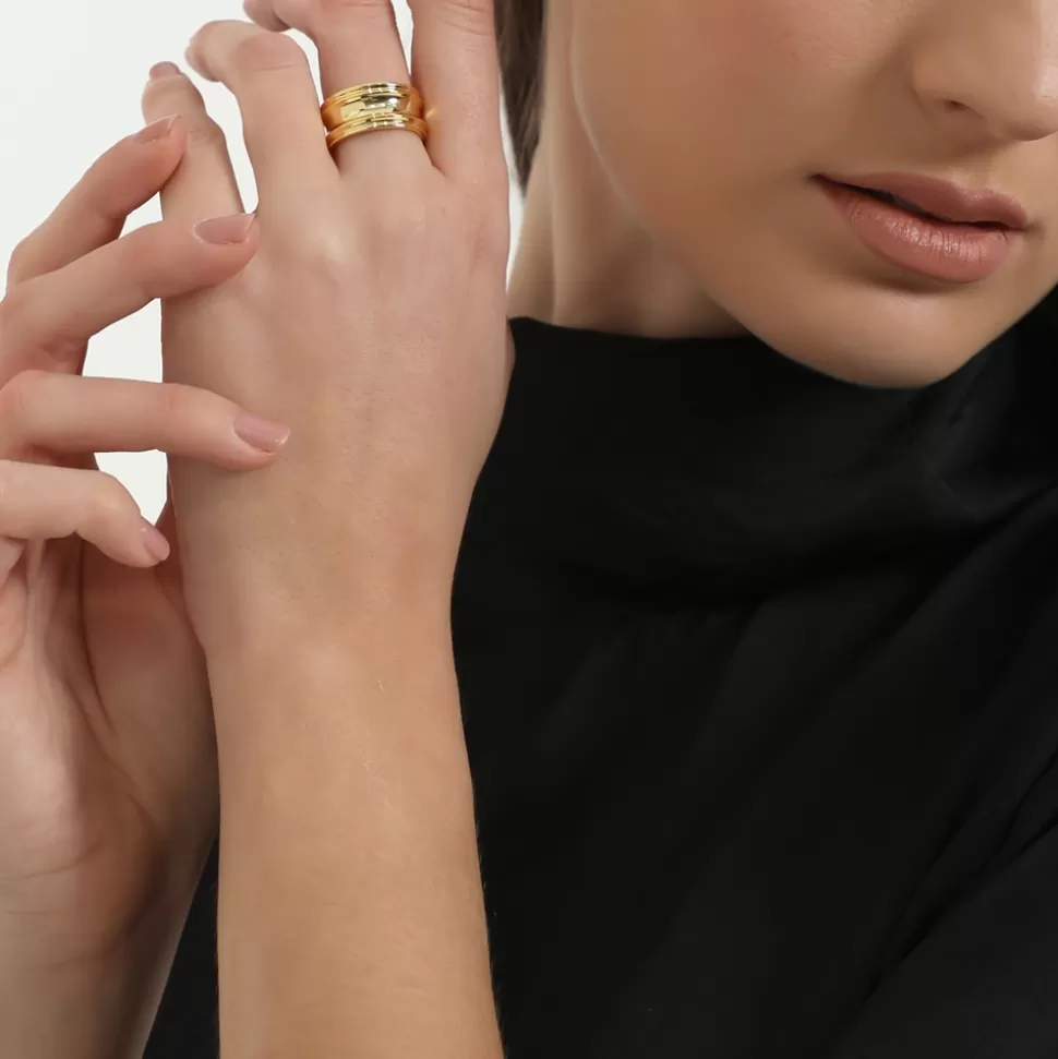 Anillo Folli Follie Adictivo en Oro Laminado - Sortija Ancha con Detalle de Cadena para Mujer